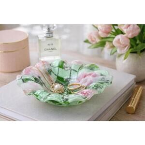 Sydenstricker USA 1990s Hand-Blown Pink & Green Art Glass Ruffled Dish, 6x2”